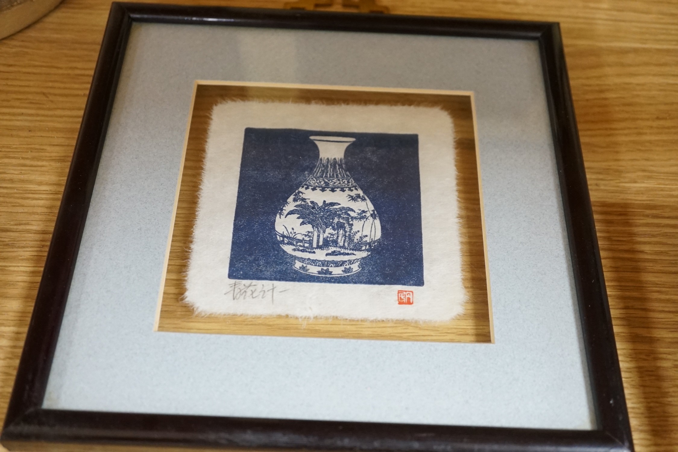 Three framed and mounted Chinese inside-painted snuff bottles and four other items